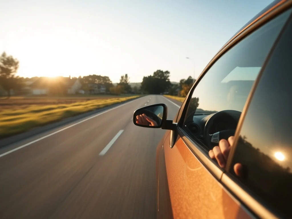 Nowoczesne auto jedzie spokojnie po pustej drodze, kierowca prowadzi płynnie, co symbolizuje oszczędną jazdę i niższe spalanie.