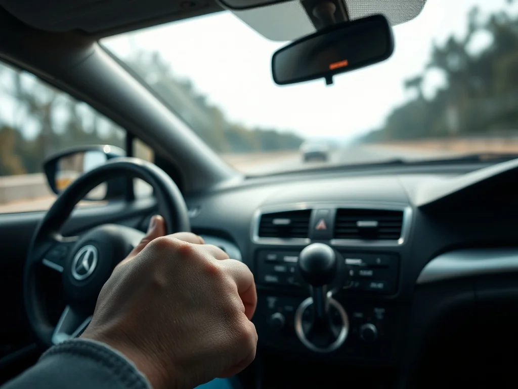 Dłoń kierowcy na dźwigni manualnej skrzyni biegów, podkreślenie zmiany przełożeń i pracy mechanizmu zmiany biegów