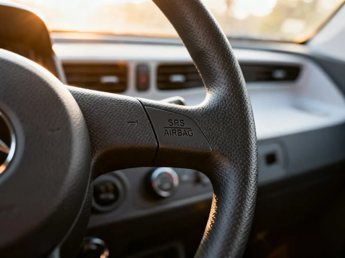 Zbliżenie na kierownicę samochodu z widocznym oznaczeniem systemu SRS Airbag, podkreślające element bezpieczeństwa pojazdu.