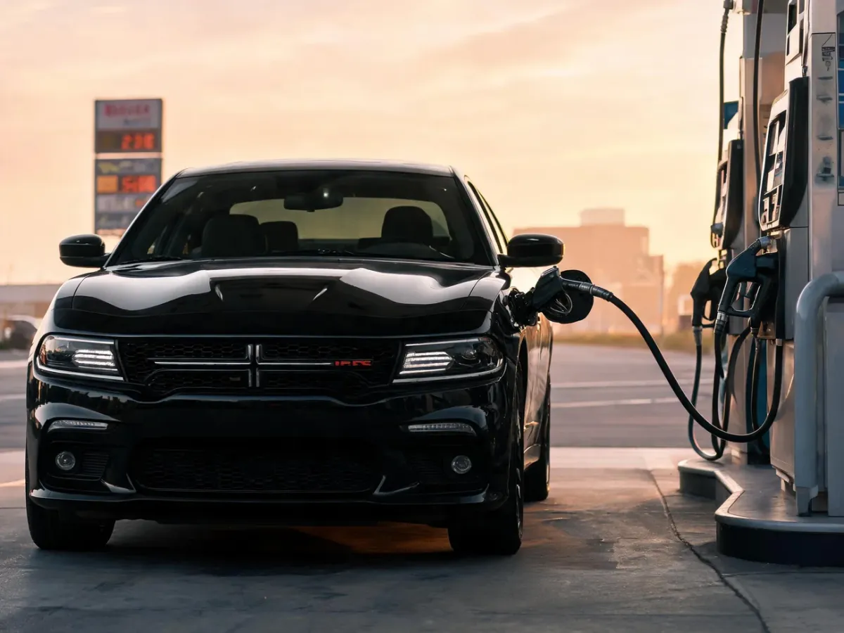 Dodge Charger tankowany przy dystrybutorze na stacji benzynowej o zmierzchu, w tle rozmyta tablica z cenami paliwa