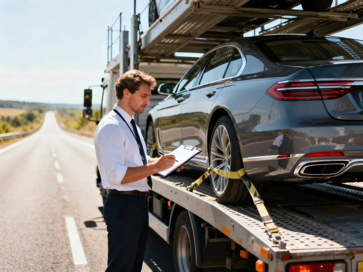 Specjalista sprawdza zabezpieczenie luksusowego samochodu na lawecie przed transportem autostradą.