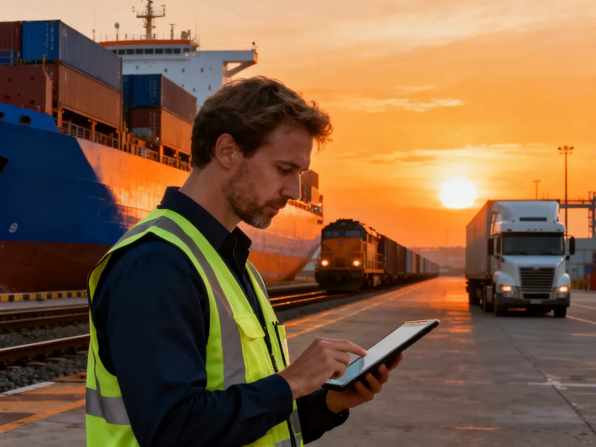 Logistyk z tabletem na tle statku, pociągu i ciężarówki o zachodzie słońca, ilustrujący nowoczesne metody transportu towarów.
