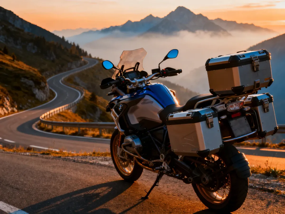 Nowoczesny motocykl turystyczny z kuframi zaparkowany na malowniczej górskiej przełęczy w świetle zachodzącego słońca.