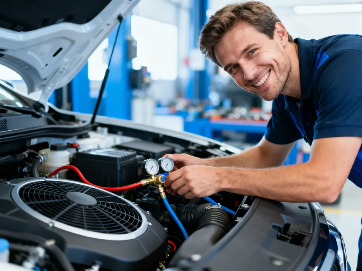 Uśmiechnięty mechanik serwisujący klimatyzację w nowoczesnym samochodzie w profesjonalnym warsztacie.