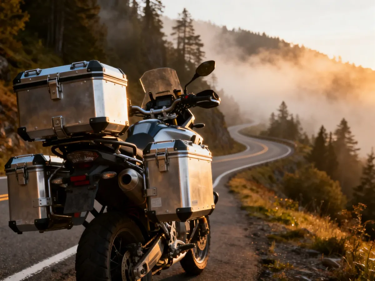 Nowoczesny motocykl adventure z zamontowanymi aluminiowymi kuframi na tle malowniczej górskiej drogi w świetle zachodu słońca.