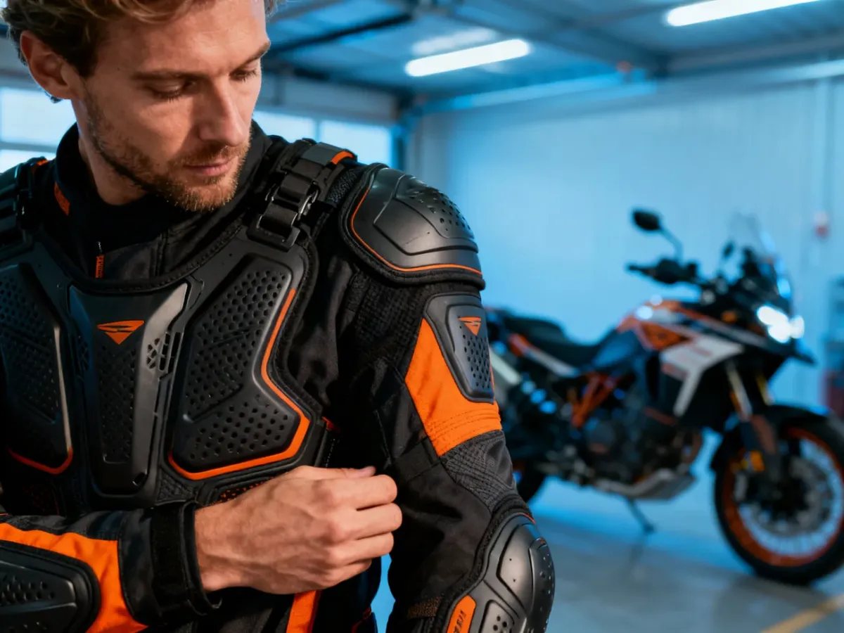 Motocyklista poprawia profesjonalną kurtkę ochronną w garażu, prezentując detale i jakość wykonania odzieży motocyklowej.