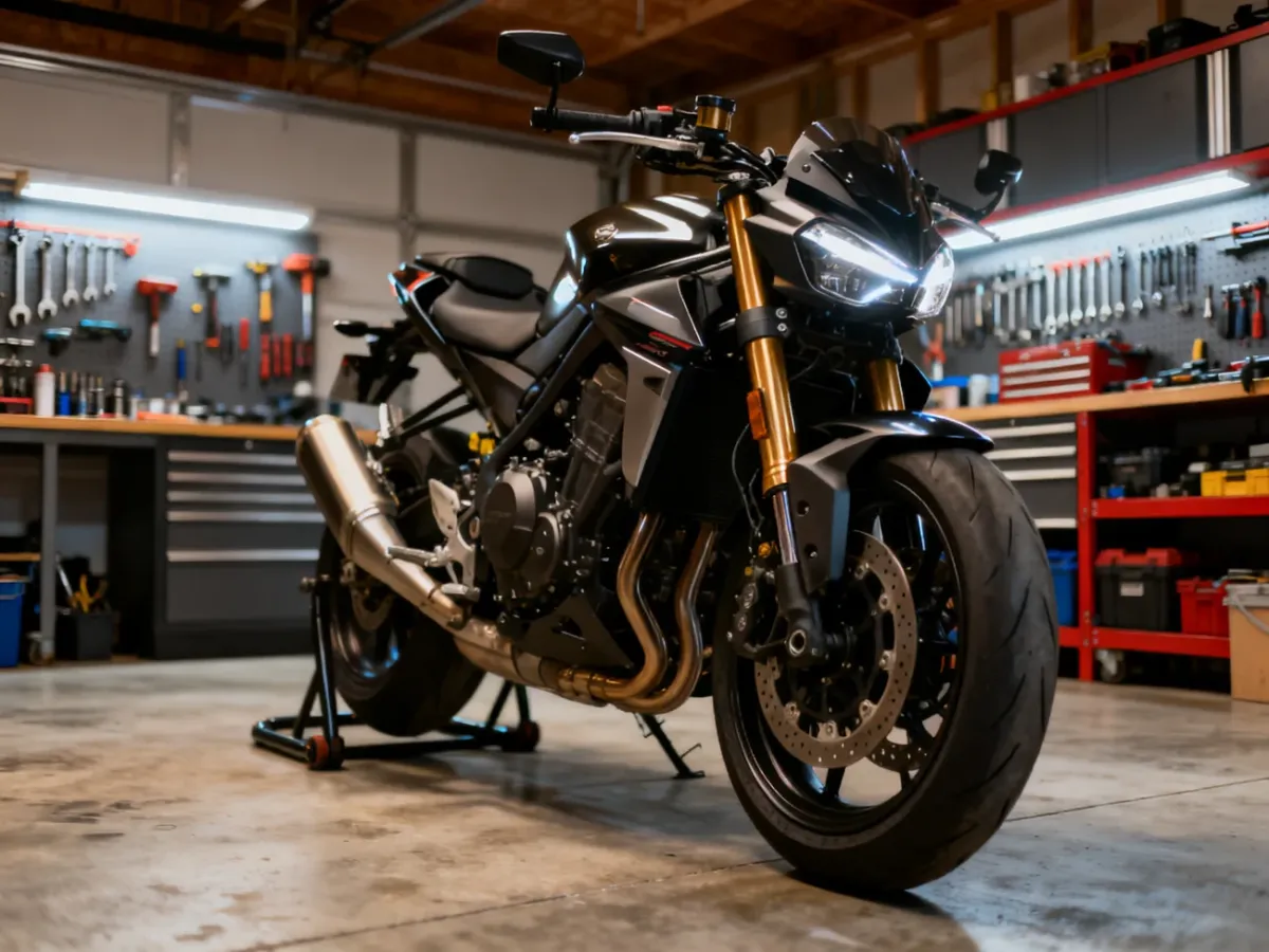 Nowoczesny motocykl zaparkowany w przestronnym, uporządkowanym garażu z profesjonalnym wyposażeniem i oświetleniem.