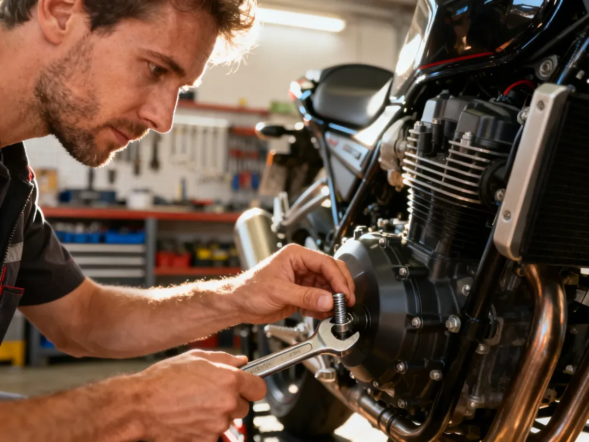 Mechanik używający klucza przy silniku motocykla w profesjonalnym garażu podczas przygotowań do przeglądu technicznego.