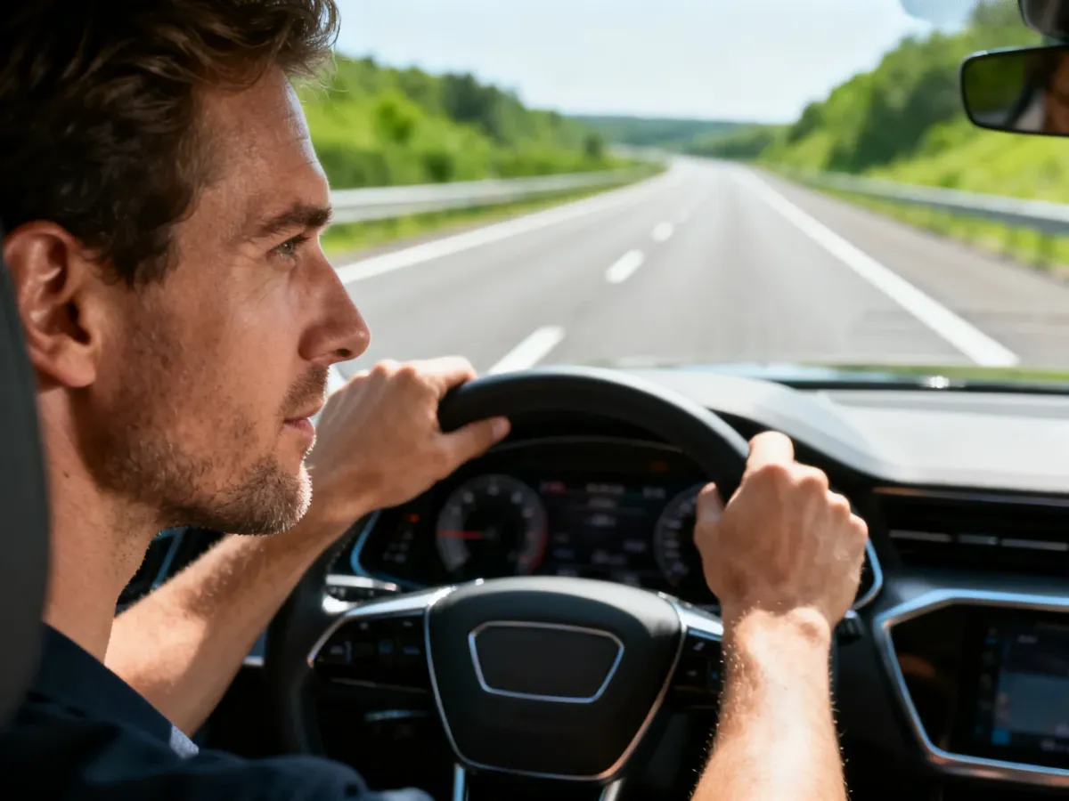 Mężczyzna prowadzący nowoczesny samochód po słonecznej autostradzie z wyraźnym oznakowaniem poziomym.