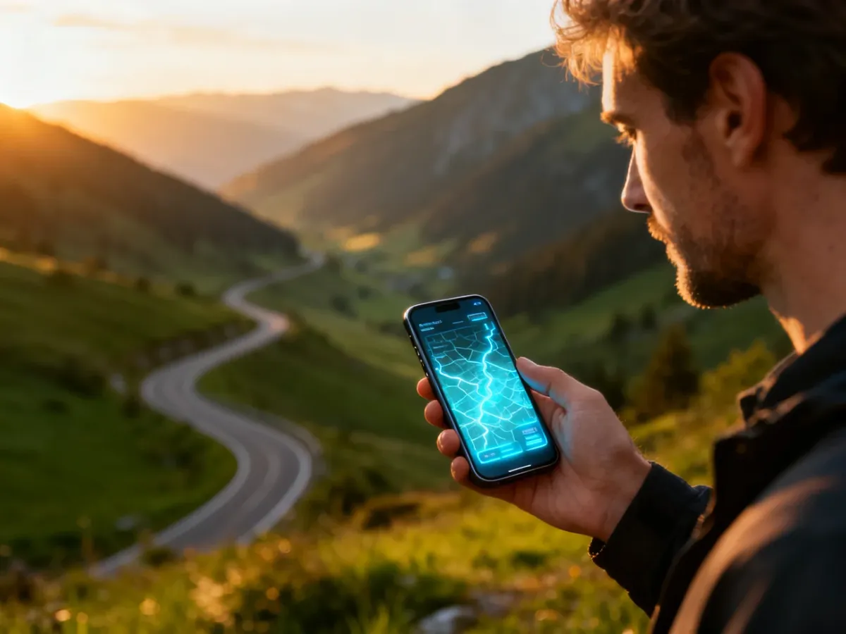 Mężczyzna trzymający smartfon z włączoną mapą cyfrową na tle malowniczej górskiej drogi w świetle zachodzącego słońca.