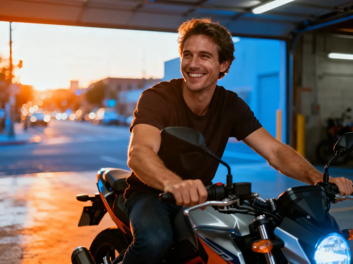 Uśmiechnięty mężczyzna siedzący na nowoczesnym motocyklu w słonecznym garażu, gotowy do rozpoczęcia przygody z jazdą.