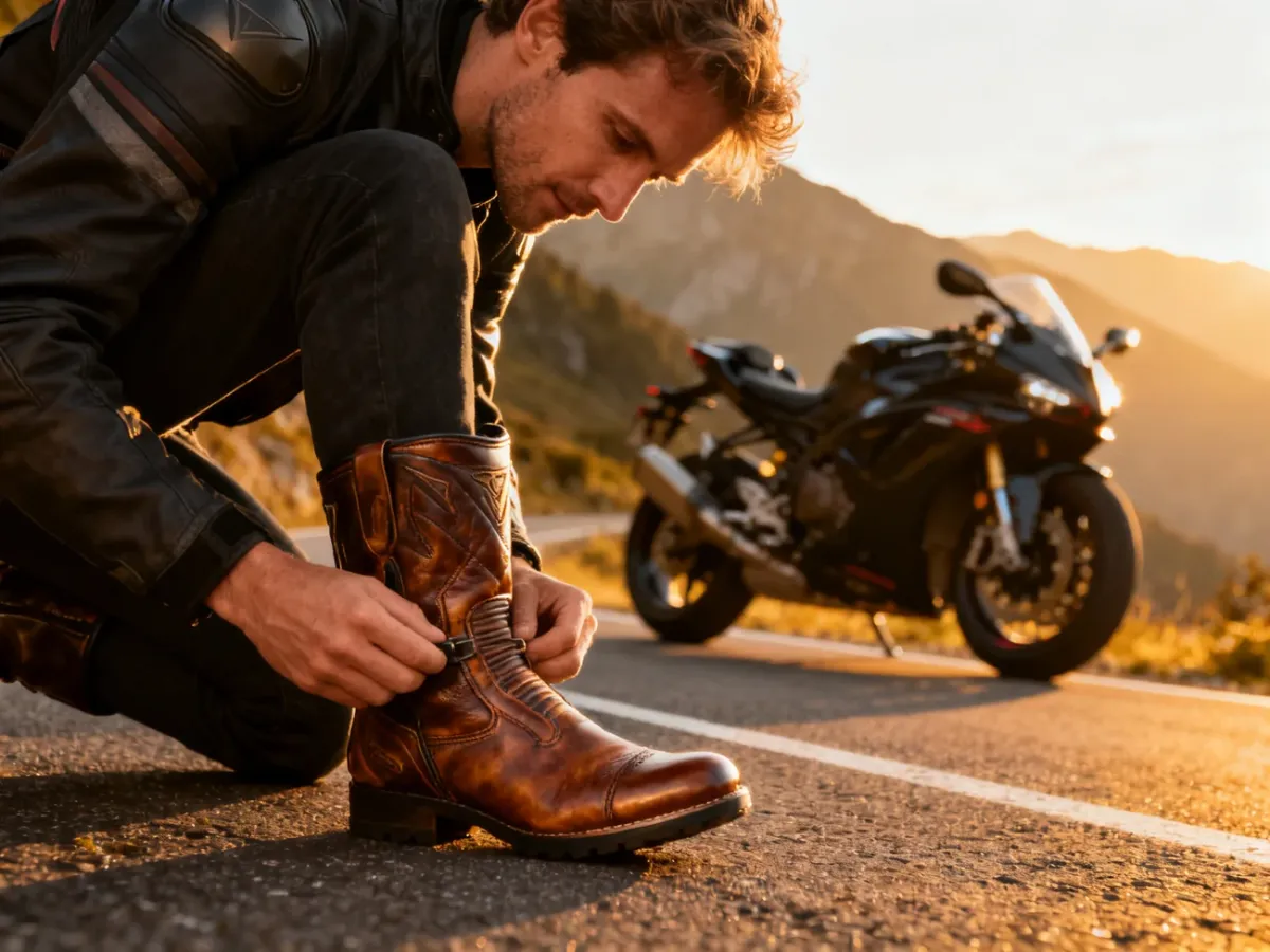 Mężczyzna klęczący na drodze i sprawdzający skórzane buty motocyklowe na tle sportowego motocykla w górskiej scenerii.