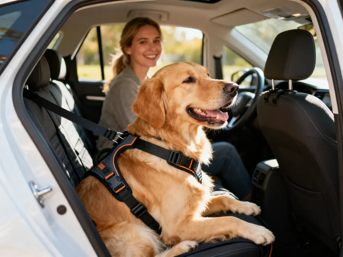Zadowolony Golden Retriever przypięty pasami bezpieczeństwa siedzi na tylnym siedzeniu samochodu podczas podróży.