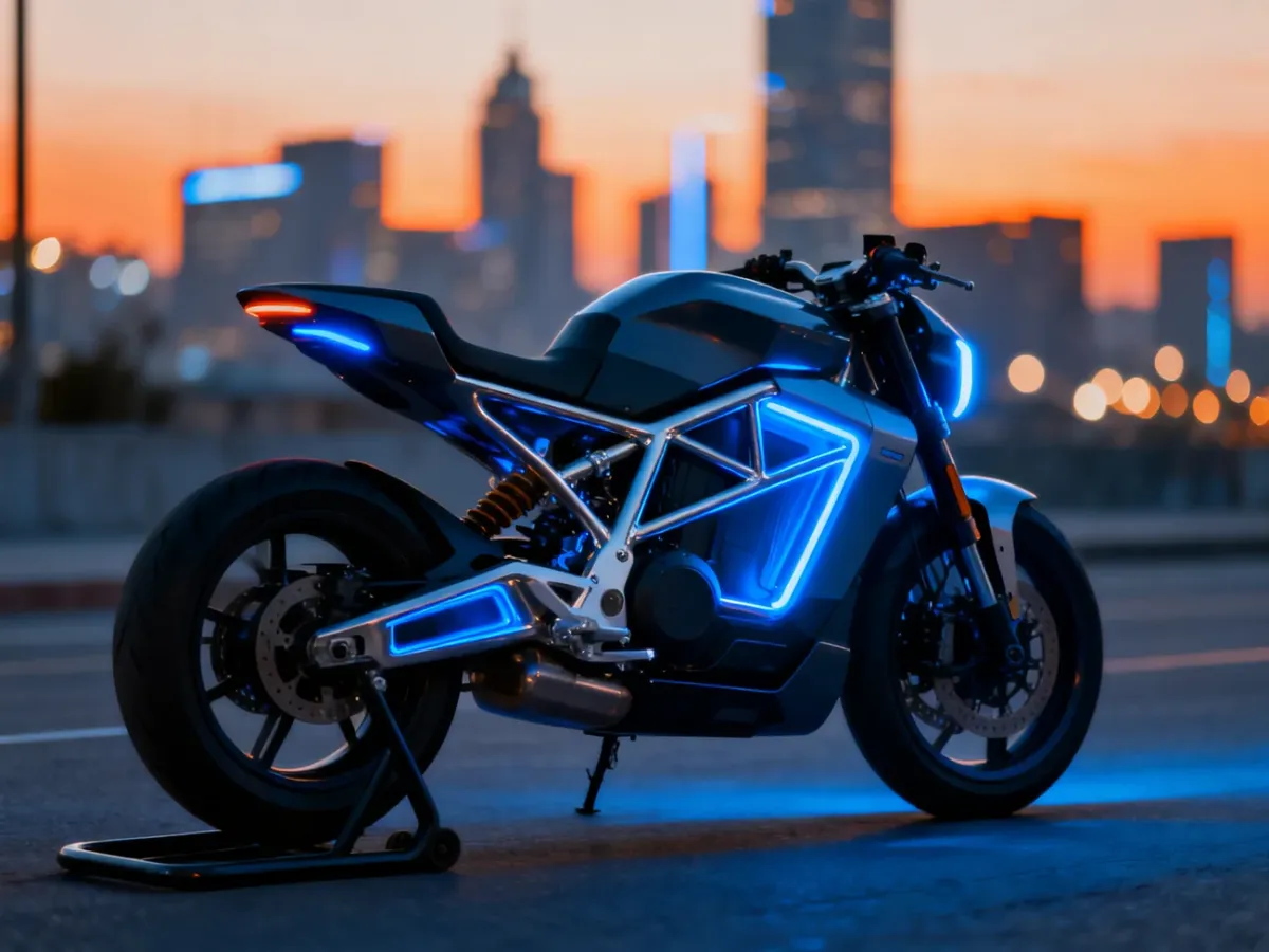 Nowoczesny motocykl elektryczny z niebieskimi akcentami LED zaparkowany na tle rozmytej panoramy miasta o zachodzie słońca.