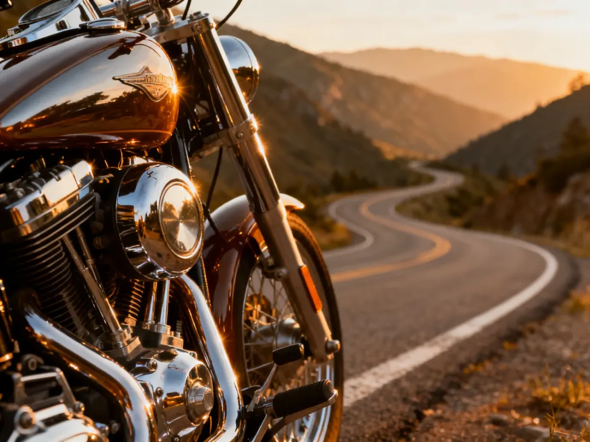Zbliżenie na lśniący, chromowany silnik klasycznego motocykla na tle malowniczej górskiej drogi w świetle zachodzącego słońca.
