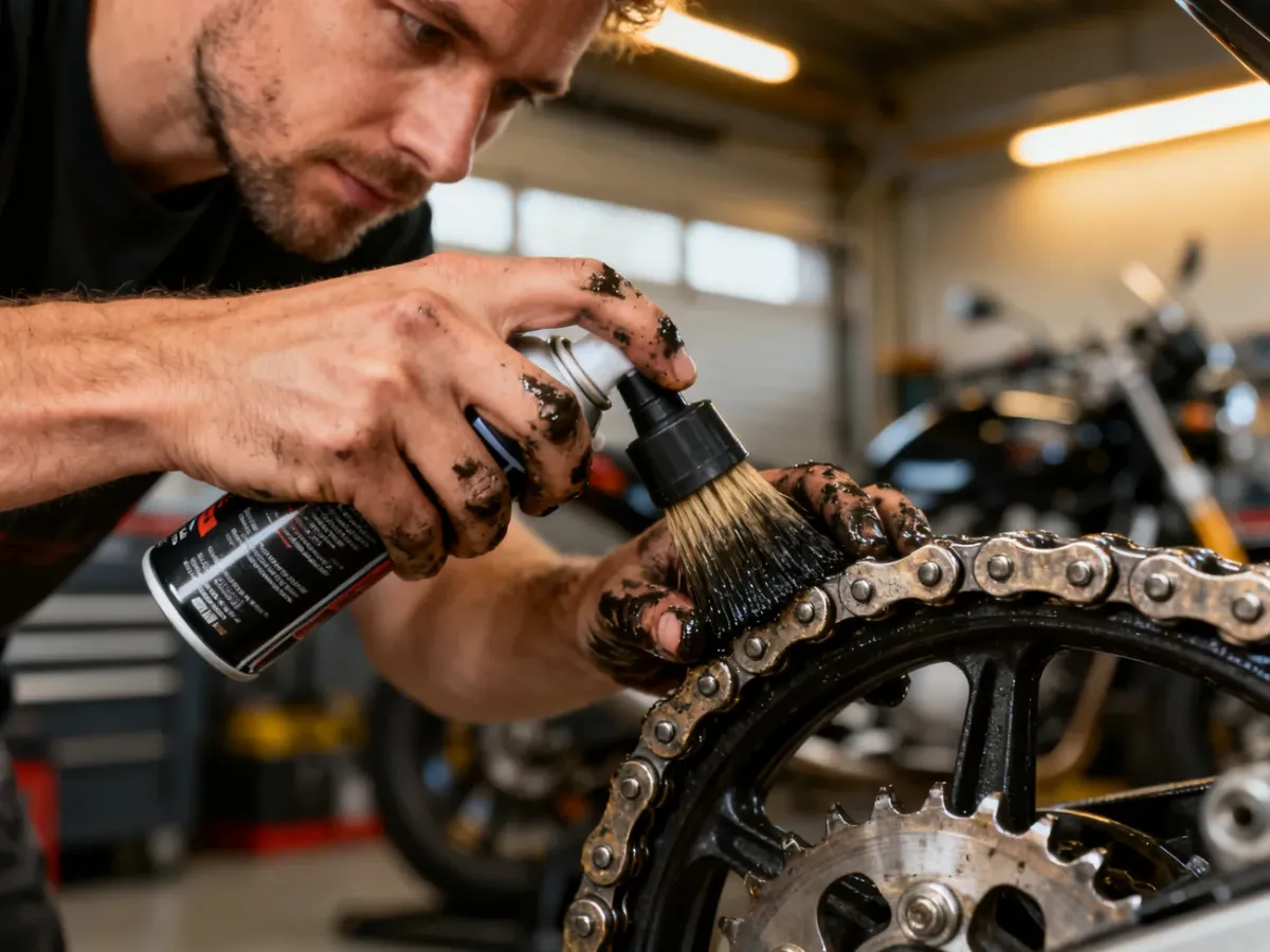 Dłonie mechanika czyszczące łańcuch motocyklowy za pomocą szczotki i preparatu w profesjonalnym warsztacie.