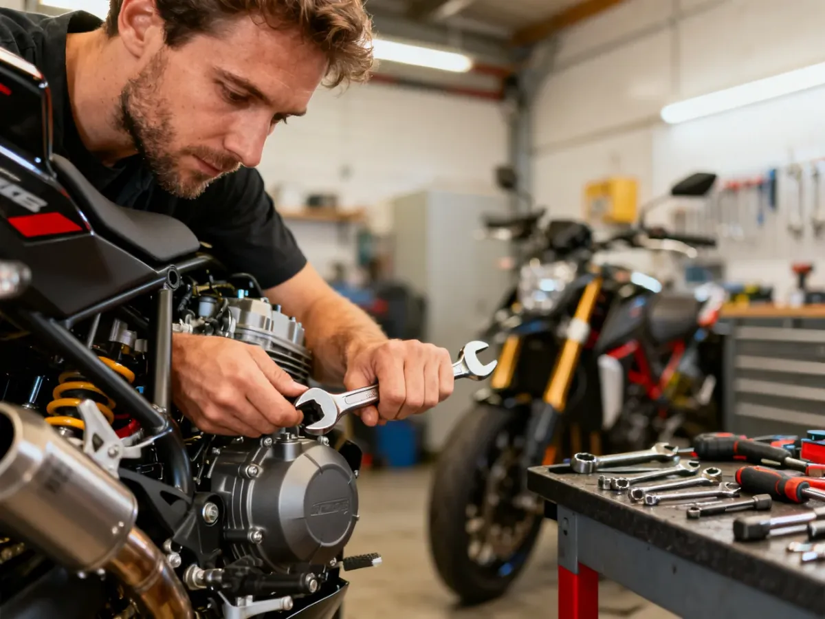 Mechanik używający klucza przy silniku nowoczesnego motocykla w profesjonalnie wyposażonym garażu.