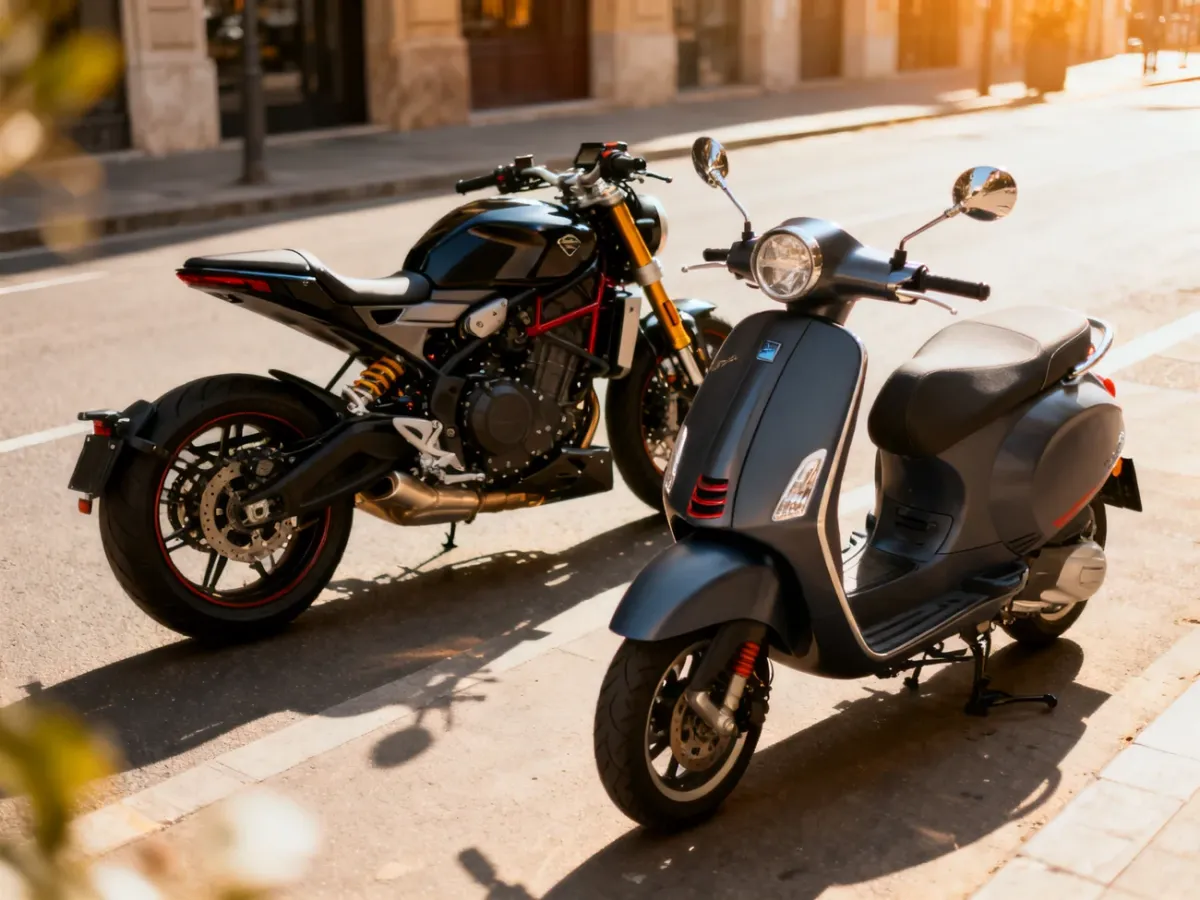Nowoczesny motocykl i miejski skuter zaparkowane obok siebie, ukazujące różnice w budowie obu jednośladów.
