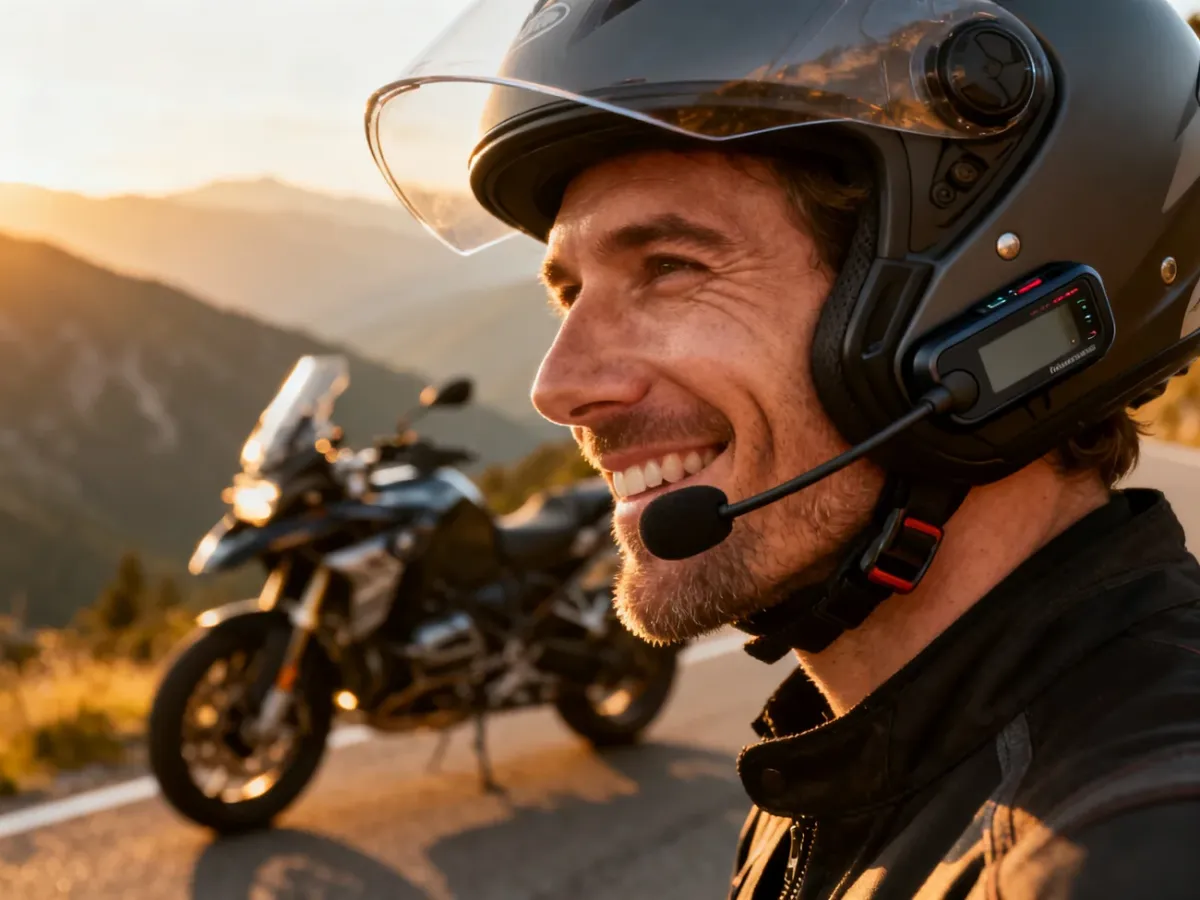 Uśmiechnięty motocyklista w kasku z zamontowanym interkomem na tle górskiej trasy podczas zachodu słońca.