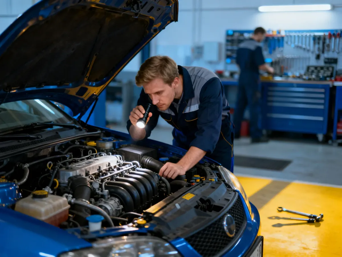Mechanik z latarką sprawdza silnik samochodu w profesjonalnym warsztacie, dbając o stan techniczny pojazdu.