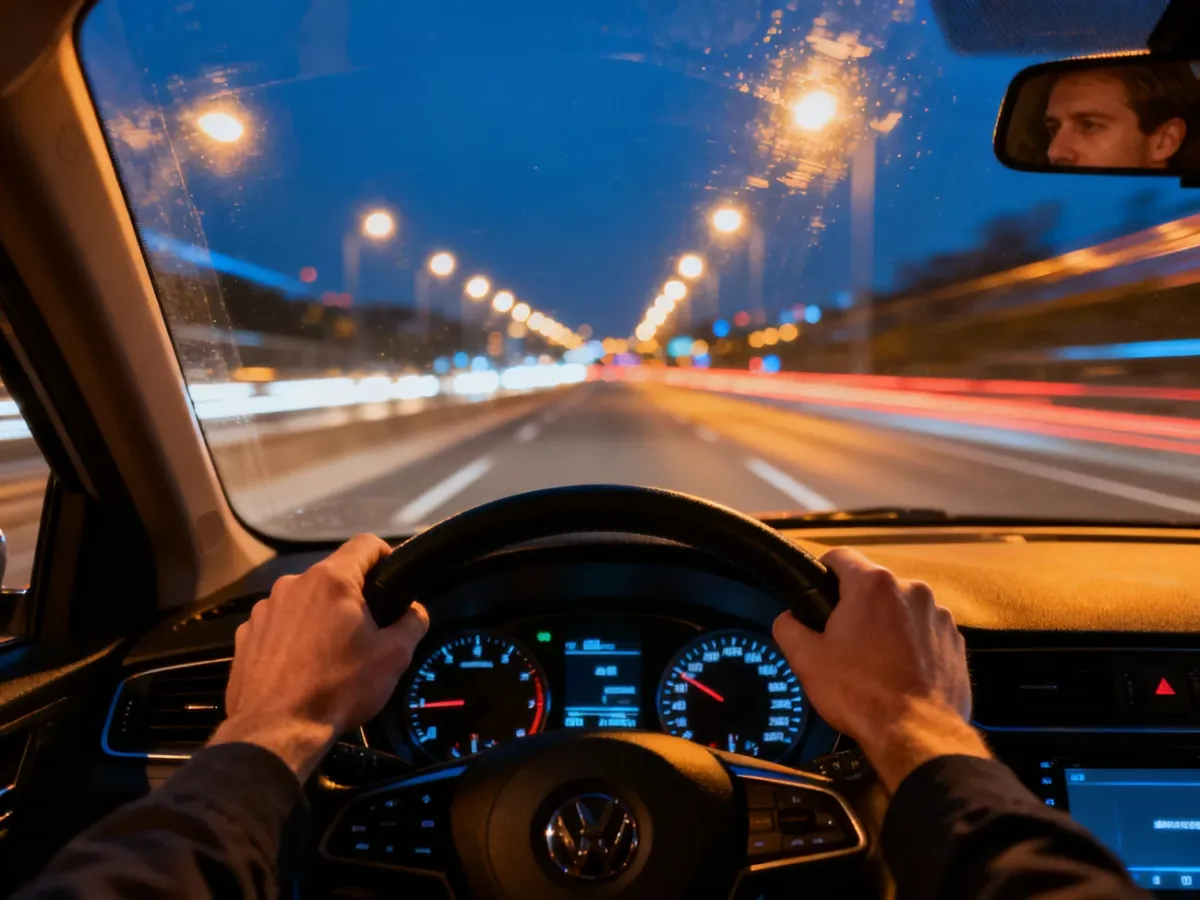 Kierowca trzymający pewnie kierownicę podczas nocnej jazdy autostradą z rozmytymi światłami miasta w tle.