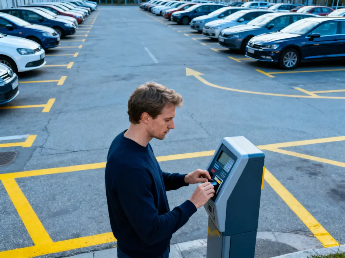 Kierowca opłacający postój w parkomacie na nowoczesnym parkingu miejskim.