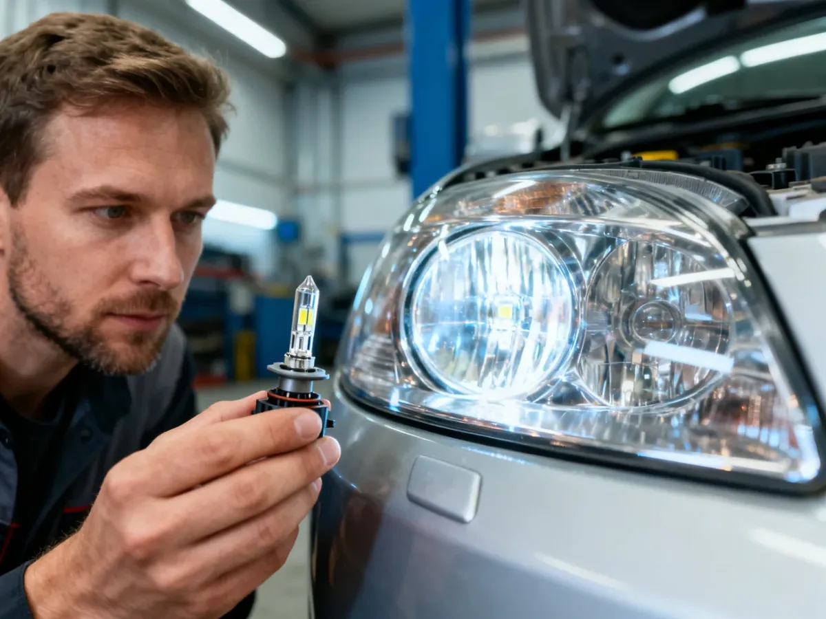 Mechanik wymienia żarówkę LED w nowoczesnym reflektorze samochodowym w profesjonalnym warsztacie.