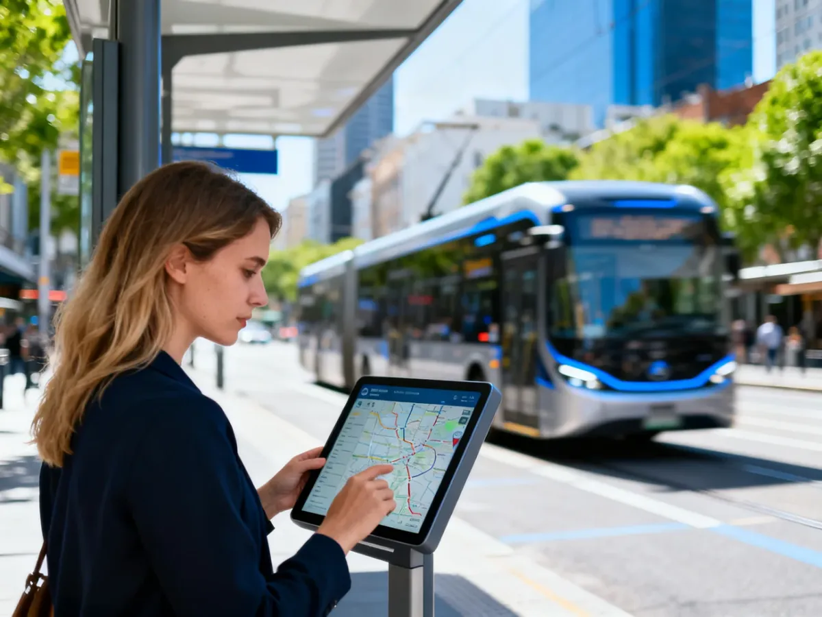 Kobieta sprawdza rozkład jazdy na nowoczesnym przystanku tramwajowym, podczas gdy w tle podjeżdża autobus miejski.