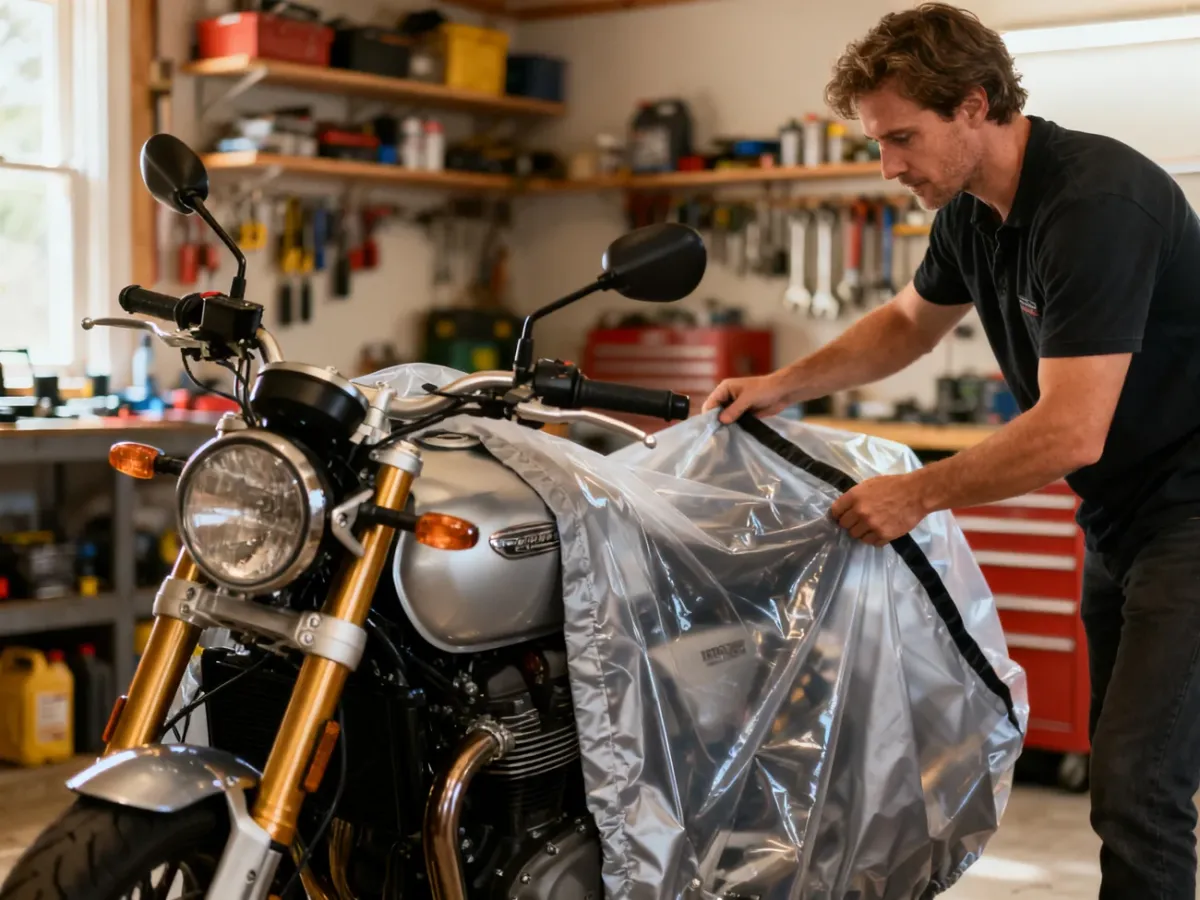 Mężczyzna nakłada pokrowiec ochronny na czysty motocykl zaparkowany w uporządkowanym garażu przed zimowaniem.