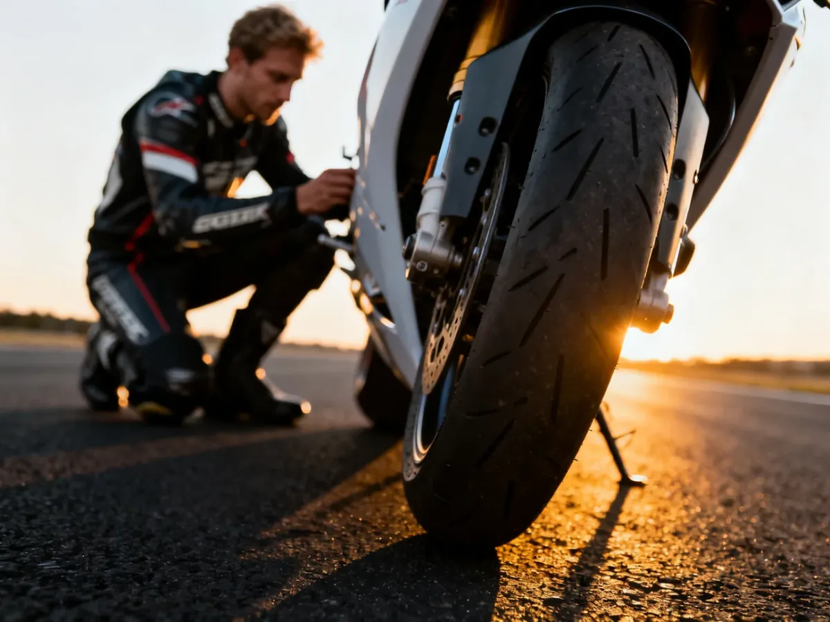 Zbliżenie na bieżnik przedniej opony sportowego motocykla na asfalcie, z motocyklistą sprawdzającym stan pojazdu w tle.