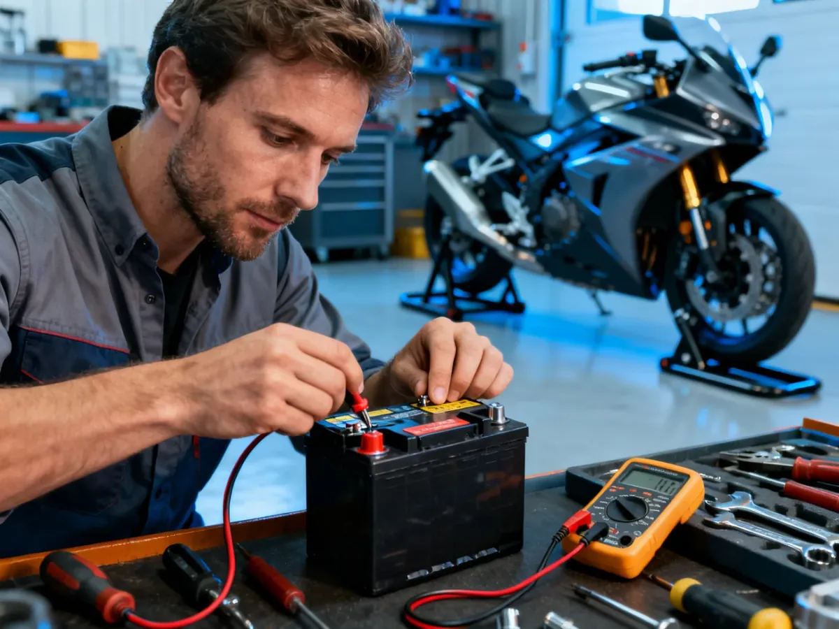 Mężczyzna wykonuje serwis akumulatora motocyklowego przy użyciu multimetru w profesjonalnie wyposażonym garażu.