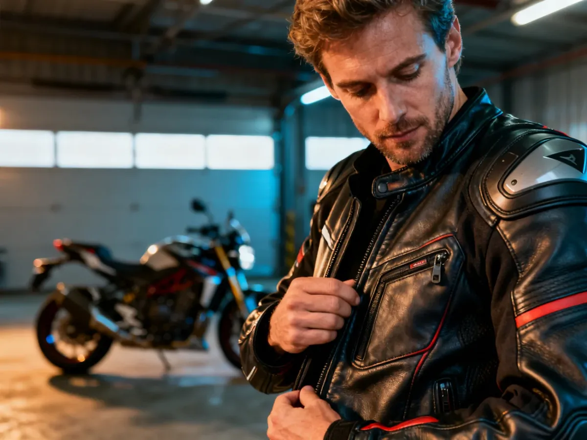 Motocyklista zakłada profesjonalną skórzaną kurtkę z ochraniaczami, przygotowując się do bezpiecznej jazdy.