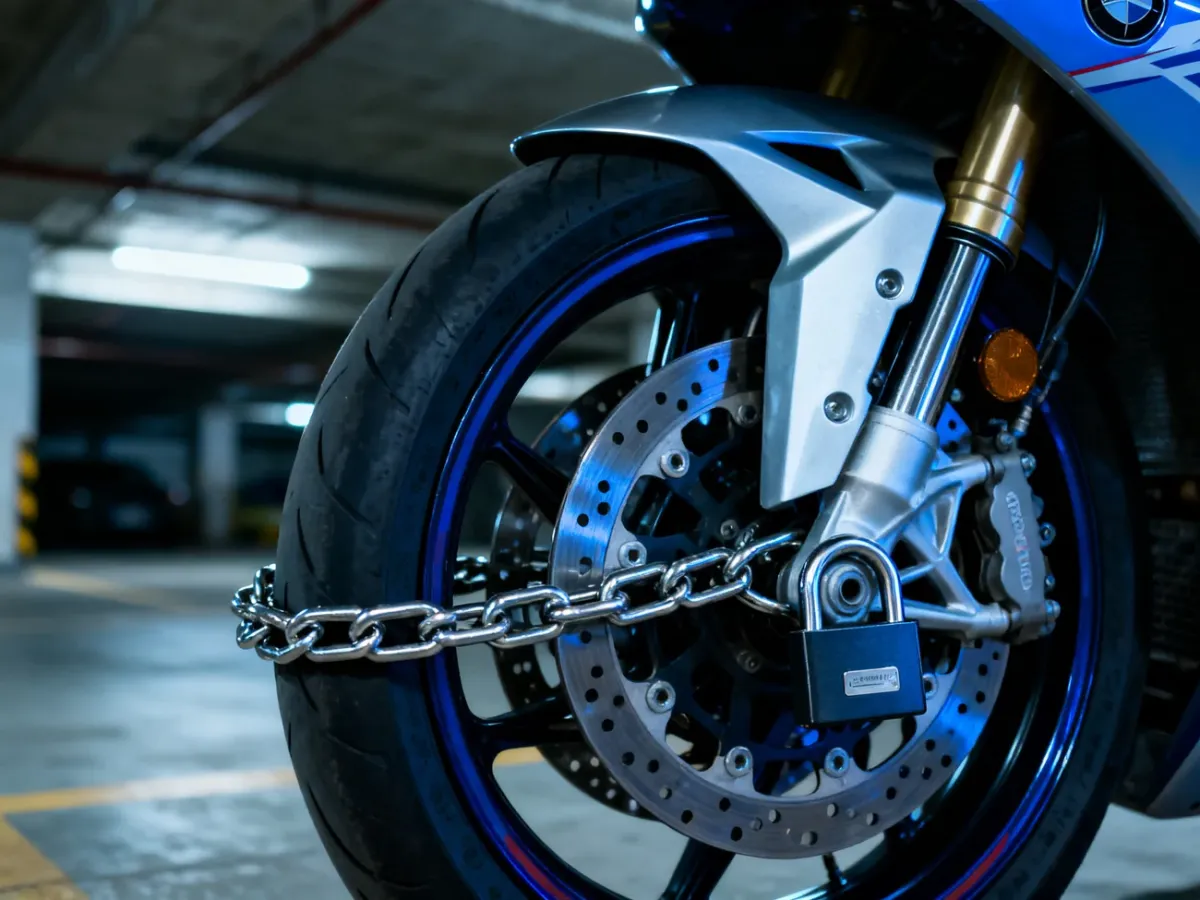 Masywny łańcuch zabezpieczający zapięty na tarczy hamulcowej nowoczesnego motocykla w garażu.
