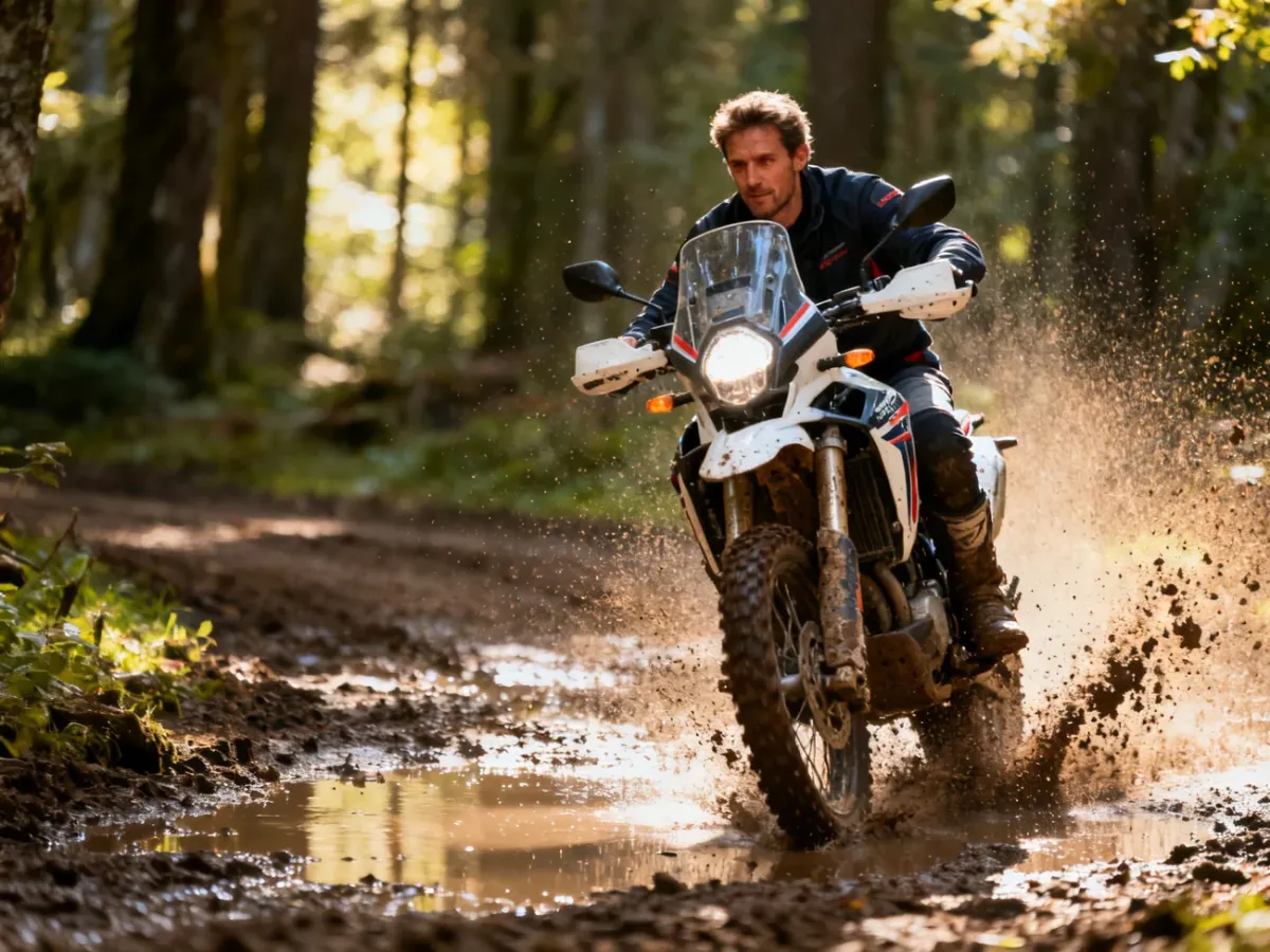 Motocyklista na profesjonalnym motocyklu enduro pokonuje błotnisty szlak w lesie, wzbijając krople wody i błota.