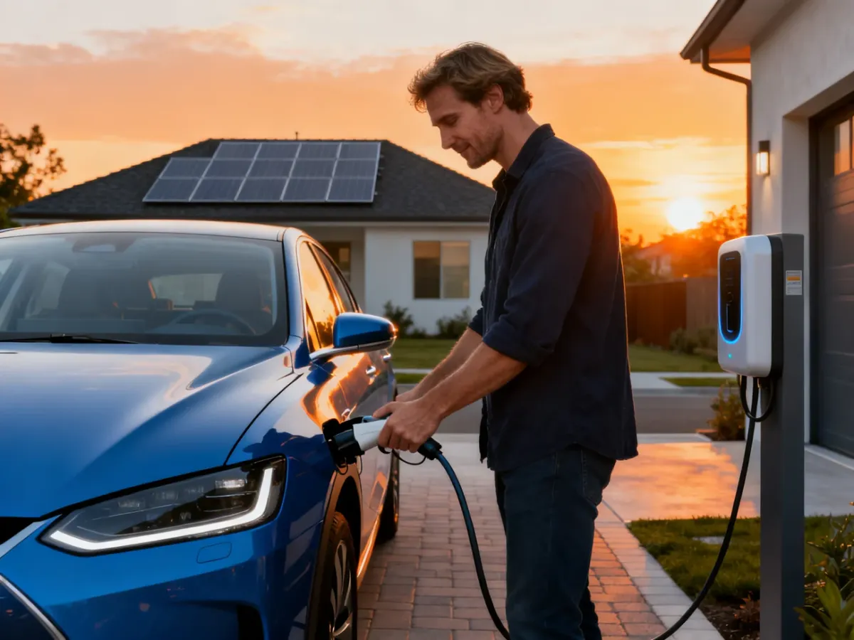 Mężczyzna ładuje samochód elektryczny w domowej stacji ładowania przy domu z panelami słonecznymi o zachodzie słońca.