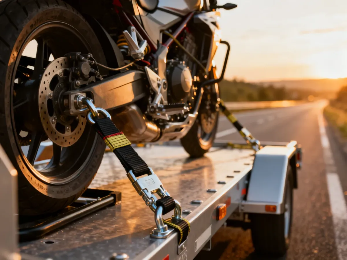 Motocykl bezpiecznie przymocowany pasami transportowymi na lawecie, gotowy do bezpiecznego przewozu.