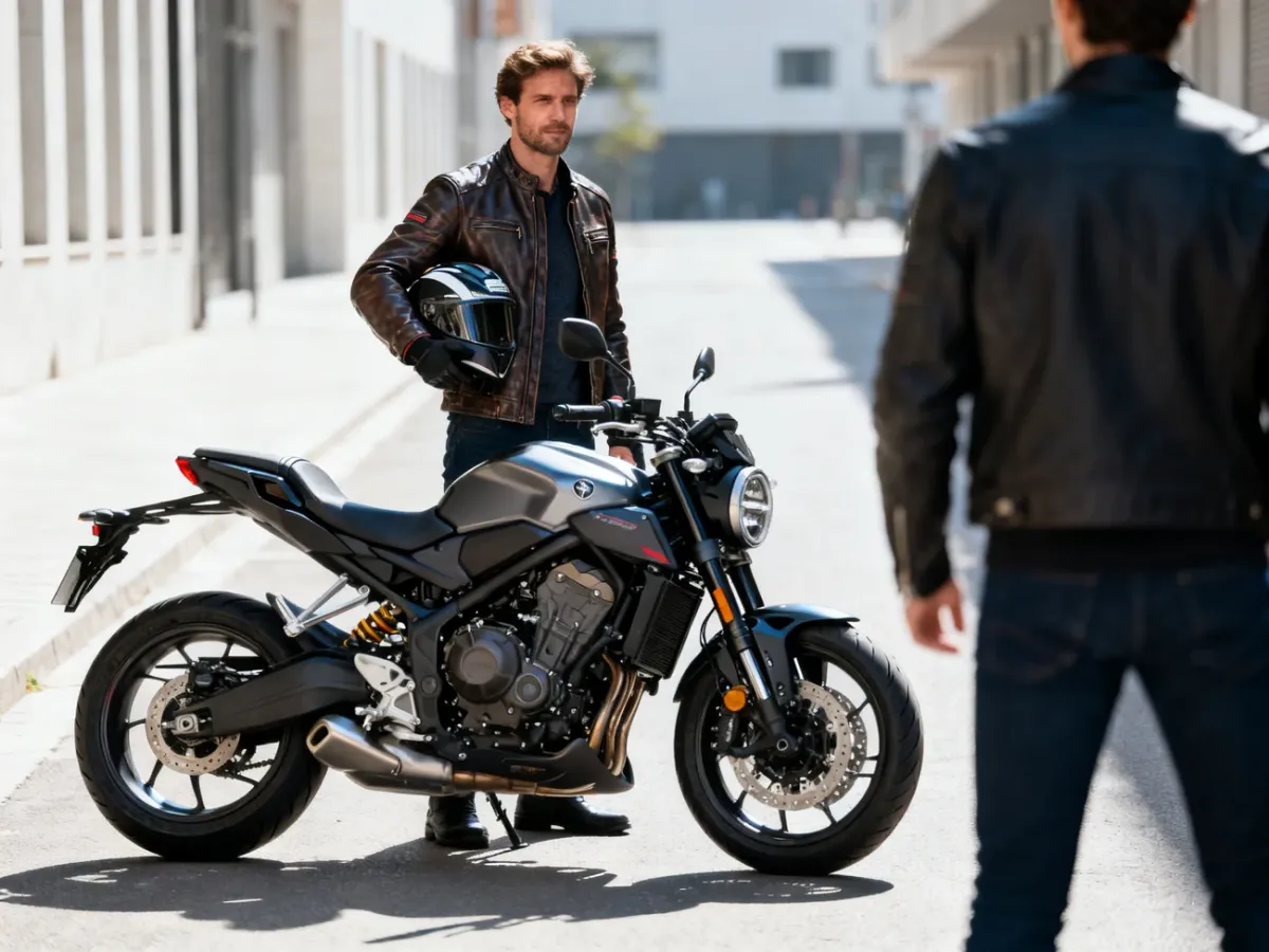 Nowoczesny motocykl typu naked zaparkowany na miejskiej ulicy obok stylowego motocyklisty w skórzanej kurtce.